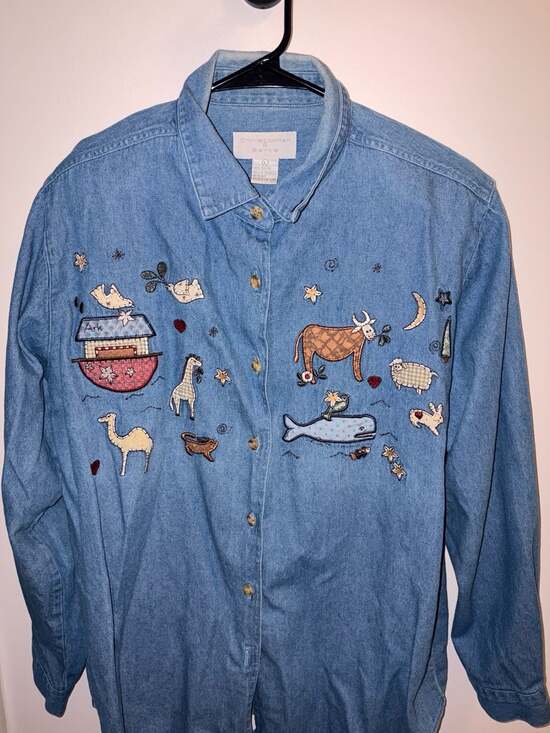 Christopher & Banks Tops - Christopher & Banks Women's Long Sleeve Denim Shirt with Noah's Ark Embroidery